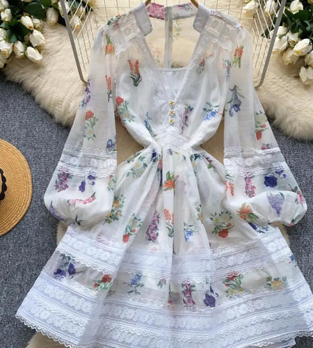 French Retro Women Black White Print Lace Patchwork Elegant Slim Long Sleeve Short Dress And Slip Dresses New Spring Autumn Boho