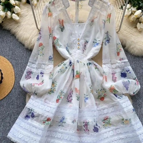 Load image into Gallery viewer, French Retro Women Black White Print Lace Patchwork Elegant Slim Long Sleeve Short Dress And Slip Dresses New Spring Autumn Boho
