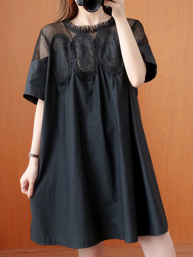 Women Black Lace Meh Perspective Big Size Mini Dress New Round Neck Short Sleeve Fashion Tide Spring Summer 2025 1DJ0336