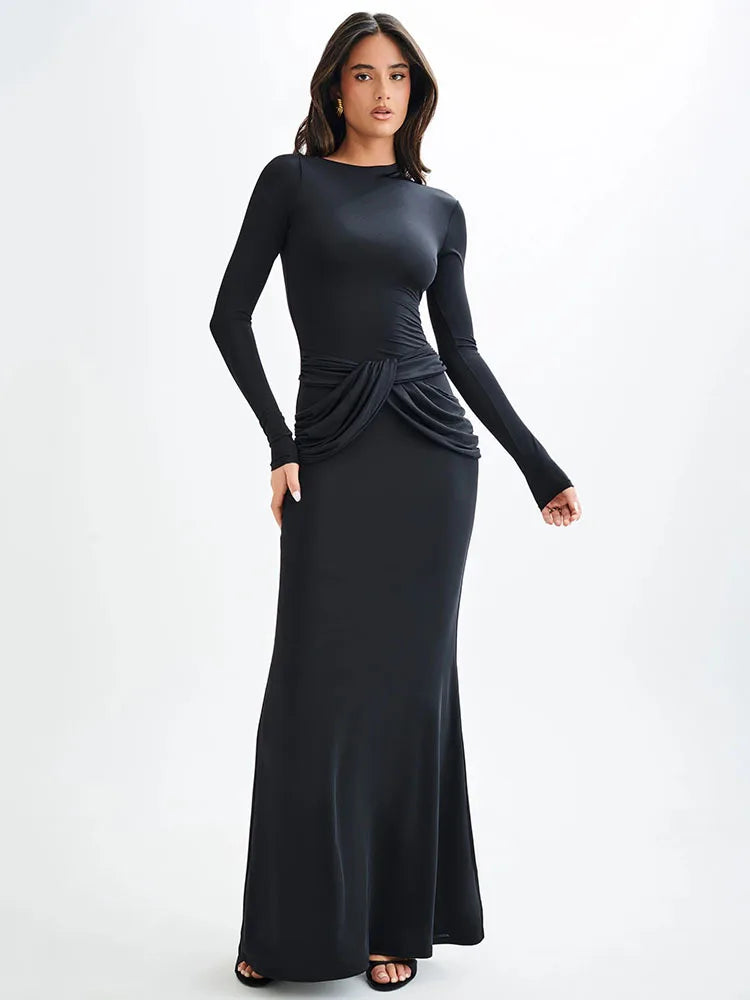 Elegant Long Sleeved Elastic Tight Long Dress Women Bodycon Pleated Evening Dress Slimming Party Club Vestido Fall 2024
