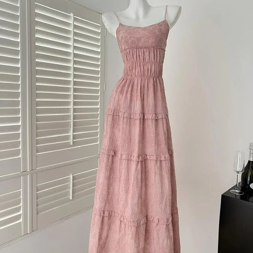 Load image into Gallery viewer, Summer French Vintage Pink Elegant Slim Backless Party Dress Women White High Waist Sleeveless Ruffle Edge Slip Long Dress Trend
