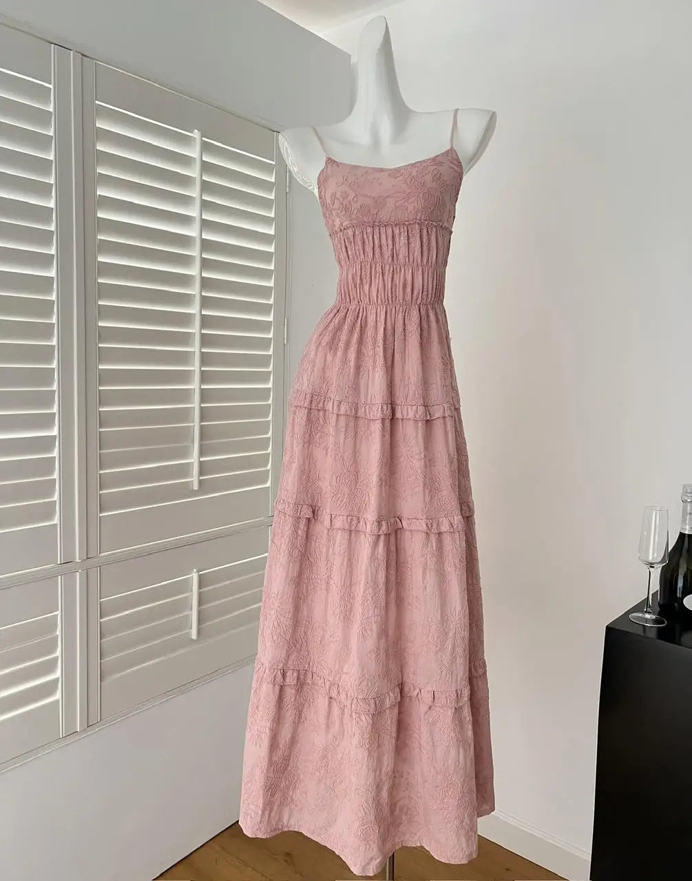 Summer French Vintage Pink Elegant Slim Backless Party Dress Women White High Waist Sleeveless Ruffle Edge Slip Long Dress Trend