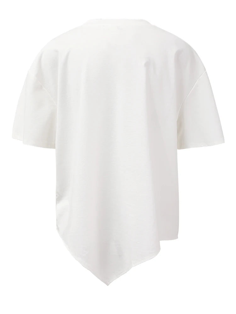 Women White Irregular Color-block Big Size T-shirt New Round Neck Short Sleeve Fashion Tide Spring Summer 2025 CPG1391