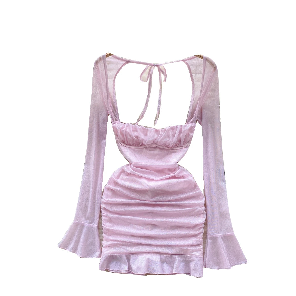 Pink Square Neck Low Cut Long Sleeve Pleated Bandage Mini Dress Women Autumn 2023 Elegant Slim Sexy Club Wrapped Hip Short Dress