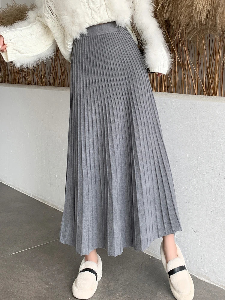 Knitted Long Maxi Skirt Women 2023 Fall Winter Casual Solid Thick Warm A Line High Waist Ankle Length Skirt Female Ladies