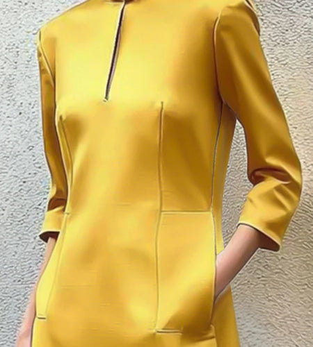 Yellow Urban Three-Quarter Sleeves Long  Dress Stand Collar Maxi Dresses Shirt Dress with Pocket for 2025 Autumn Spring