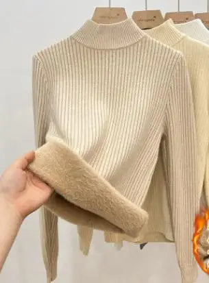 New Solid Basic Half High Collar Long Sleeve Women Velvet Sweater Autumn Winter Slim Thick Pullover Tops Knitwear Versatile Chic