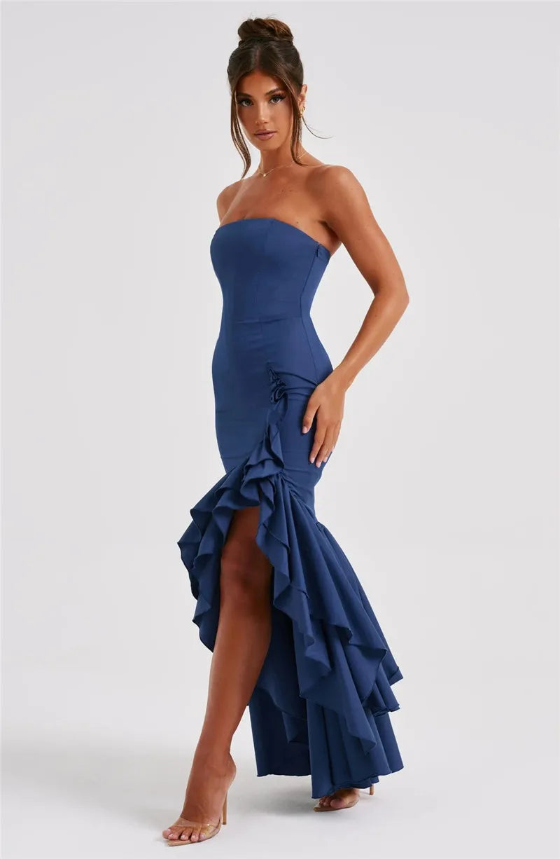 Strapless High Split Ruffle Long Dress For Women Fashion Off-shoulder Backless Sleeveless Bodycon Club Party Sexy Dress