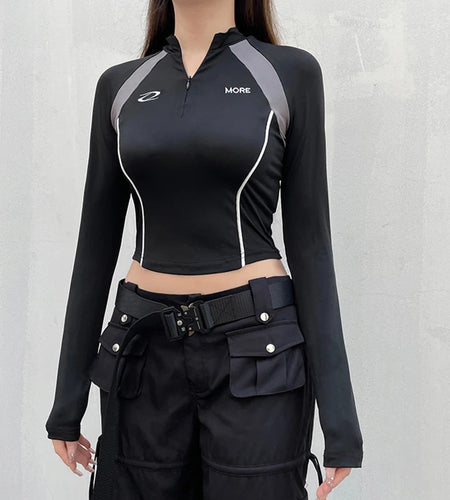 Harajuku Stripe Stitch Skinny Autumn Tee T-shirt Women Moto&Biker Style Invisible Zipper Crop Top Sporty Stand Collar