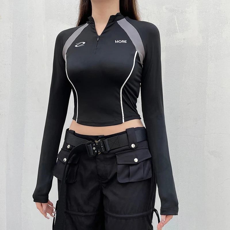 Harajuku Stripe Stitch Skinny Autumn Tee T-shirt Women Moto&Biker Style Invisible Zipper Crop Top Sporty Stand Collar