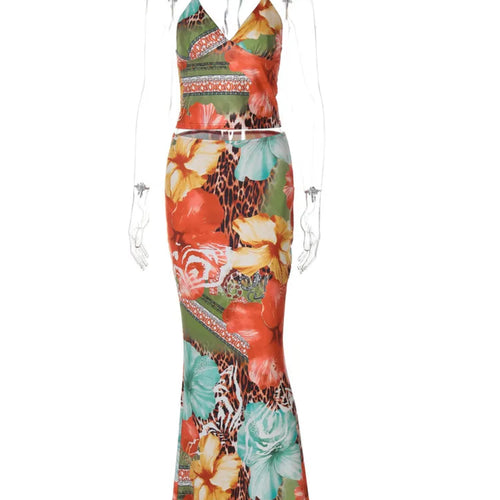 Load image into Gallery viewer, Leopard Print Sexy 2 Piece Sets Women Summer Fashion Lace-up Halter Crop Tops And Maxi Skirt Female Party Two Piece Set
