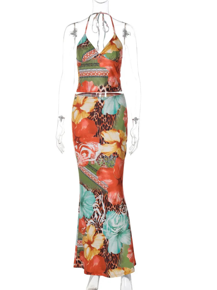 Leopard Print Sexy 2 Piece Sets Women Summer Fashion Lace-up Halter Crop Tops And Maxi Skirt Female Party Two Piece Set