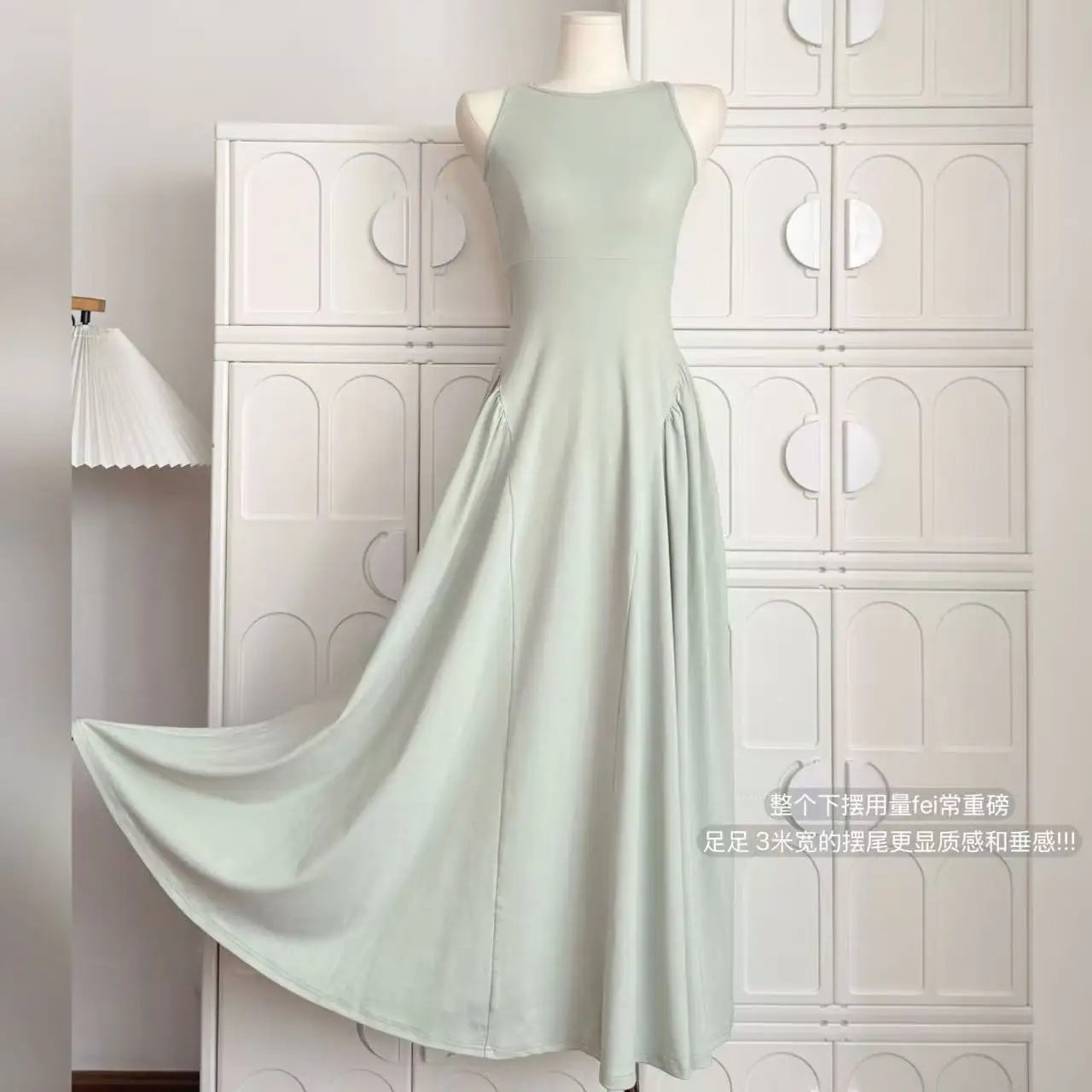 Summer Green Elegant Sleeveless Hollow Out Slim Pleated Long Dress Women's New Round Neck High Waist Vacation Vest Dress Fashion