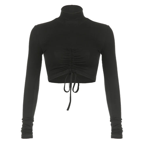 Load image into Gallery viewer, Casual Basic Skinny Long Sleeve Tee Shirts Female Turtleneck Drawstring Slim Fashion Sexy Crop Tops Autumn T-shirts
