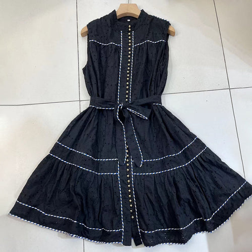 Load image into Gallery viewer, Hollow Out Lace Dresses For Women Stand Collar Sleeveless High Waist Spliced Lace Up Mini Dress Female Fashion
