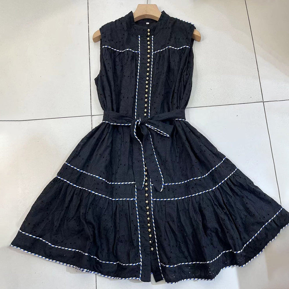 Hollow Out Lace Dresses For Women Stand Collar Sleeveless High Waist Spliced Lace Up Mini Dress Female Fashion