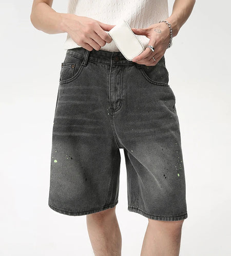 Men's Jeans Knee-length Summer Fashion American Style Speckled Ink Design Loose Wide Leg Denim Shorts 9C6094