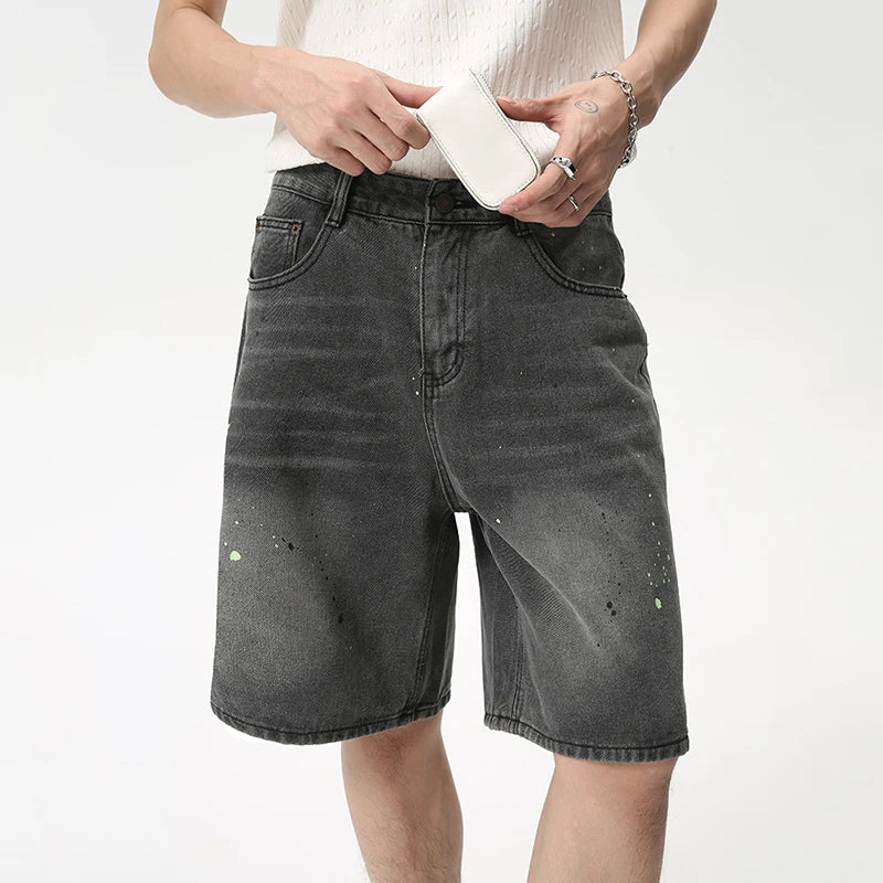 Men's Jeans Knee-length Summer Fashion American Style Speckled Ink Design Loose Wide Leg Denim Shorts 9C6094