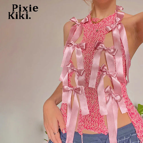 Load image into Gallery viewer, Pink Hollow Sleeveless Backless Bows Tank Top Festival Outfit Y2k Cute Summer Tops Women Coquette Accessories P85-EC15
