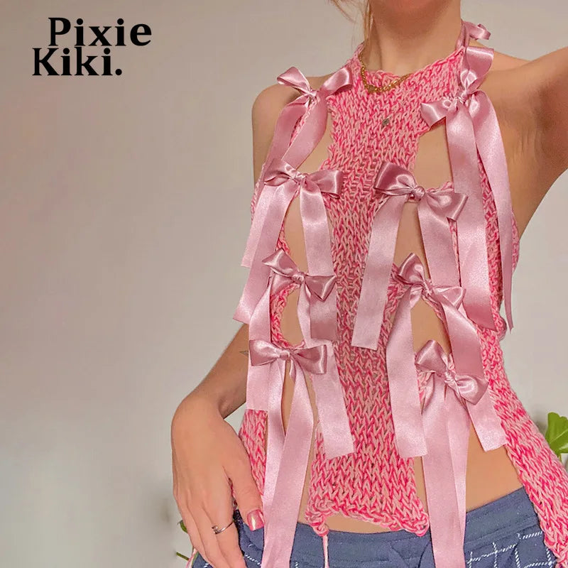 Pink Hollow Sleeveless Backless Bows Tank Top Festival Outfit Y2k Cute Summer Tops Women Coquette Accessories P85-EC15