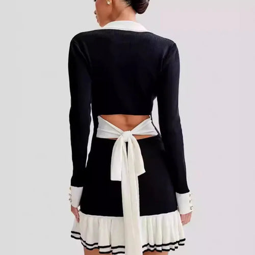 Load image into Gallery viewer, Long Sleeve Ruffled Knit Mini Dress For Women Autumn New V Neck Pearl Single-breasted Bow Bandage Knitted Dress Elegant
