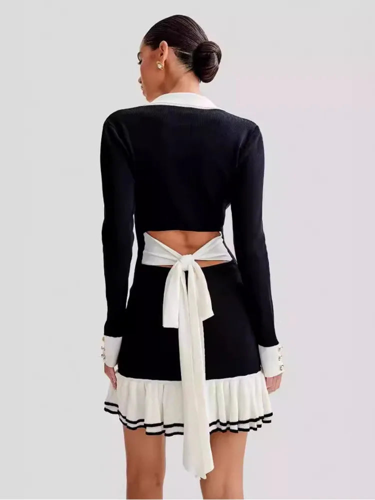 Long Sleeve Ruffled Knit Mini Dress For Women Autumn New V Neck Pearl Single-breasted Bow Bandage Knitted Dress Elegant