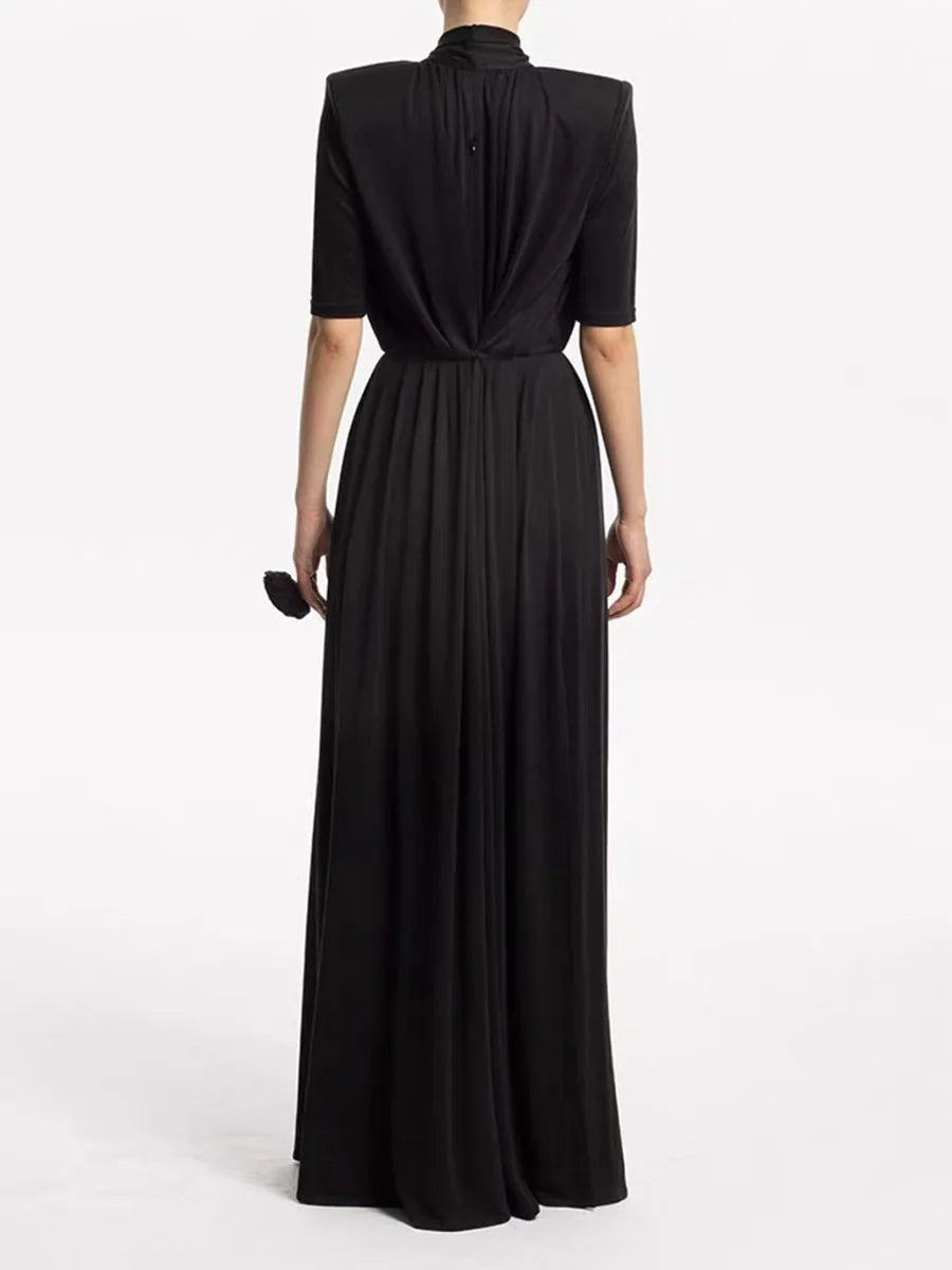 Solid Hollow Out Loose Dresses For Women O Neck Short Sleeve High Waist  Temperament Long Dress Female Fashion New