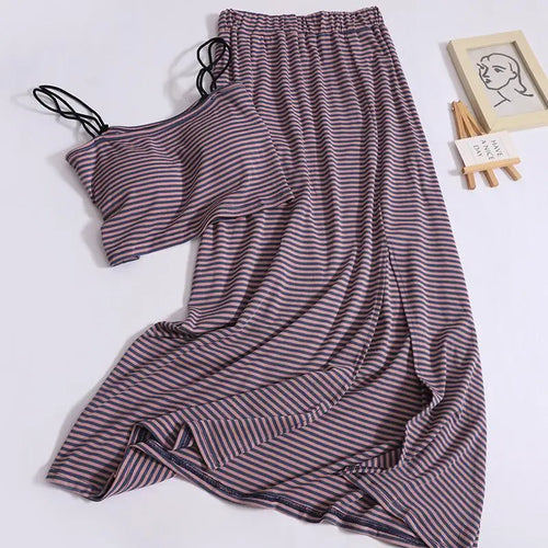 Load image into Gallery viewer, Women Summer Black Purple Stripe Backless Short Slip Tops And Elastic High Waist Pleated Split A Line Long Skirt 2024 New Suit
