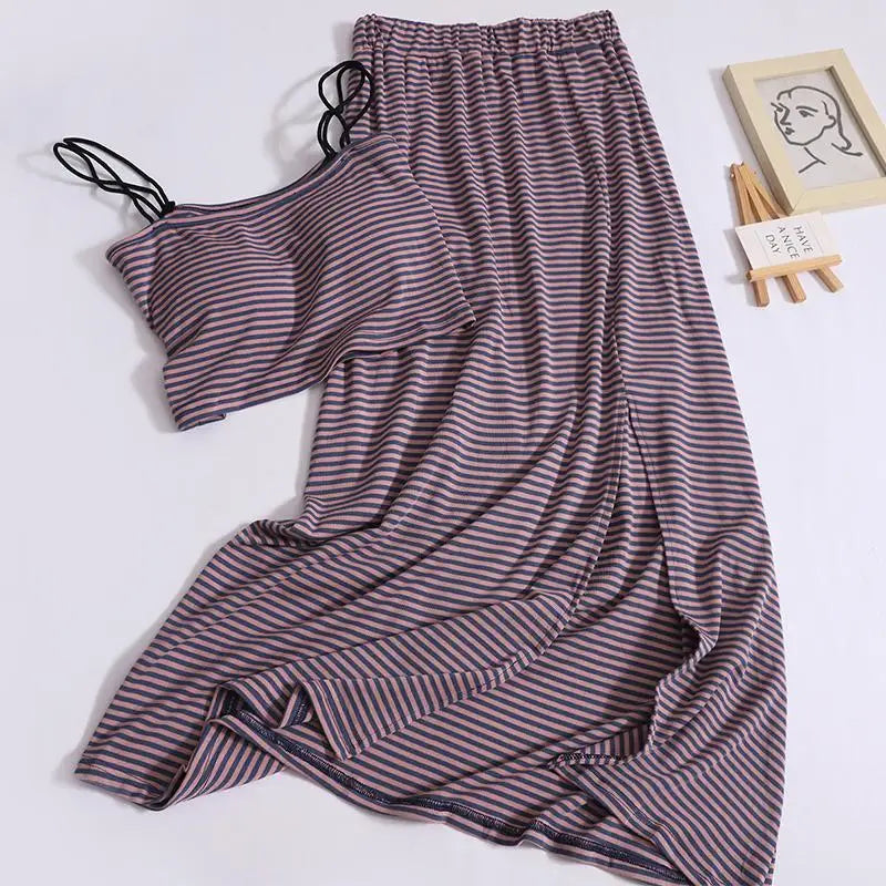 Women Summer Black Purple Stripe Backless Short Slip Tops And Elastic High Waist Pleated Split A Line Long Skirt 2024 New Suit