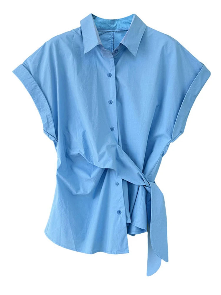 Women Purple Pleated Bandage Elegant Big Size Blouse New Lapel Short Sleeve Shirt Fashion Tide Spring Summer 2025 1DJ1362