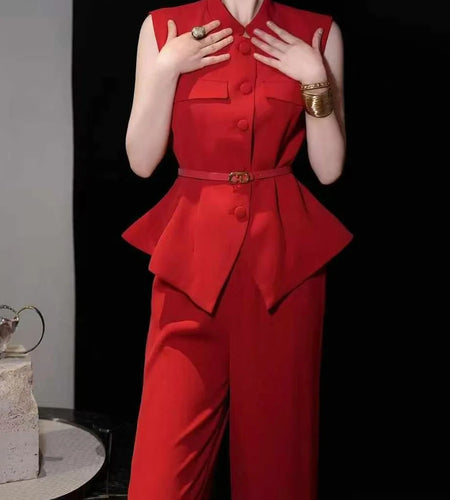 Solid Spliced Belt Two Piece Sets for Women Stand Neck Sleeveless Patchwork Button Top High Waist Pant Set Female