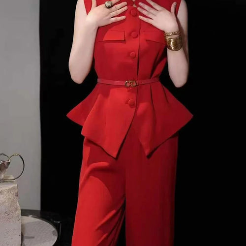 Load image into Gallery viewer, Solid Spliced Belt Two Piece Sets for Women Stand Neck Sleeveless Patchwork Button Top High Waist Pant Set Female
