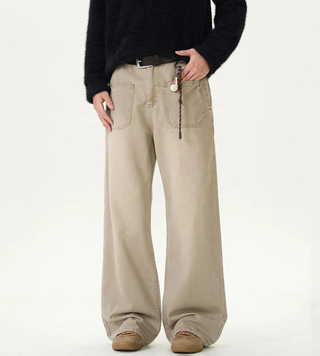 Men's Cargo Pants American Handsome Niche Solid Color Style Straight Leg Multi Pockets Trendy Male Trousers 9W1463