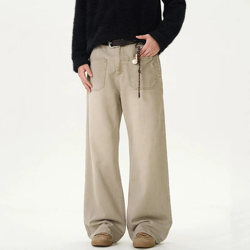 Men's Cargo Pants American Handsome Niche Solid Color Style Straight Leg Multi Pockets Trendy Male Trousers 9W1463