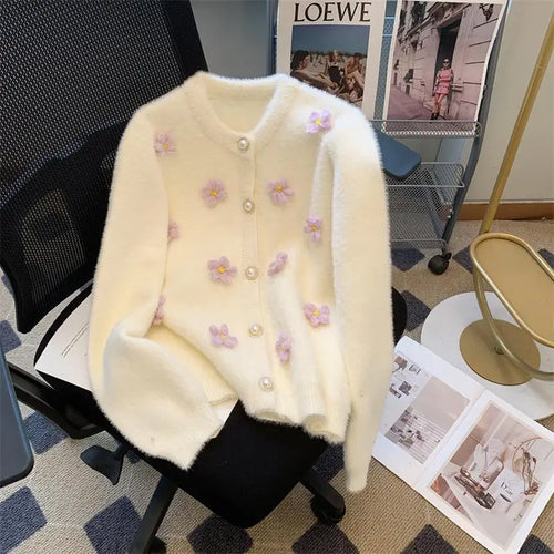 Load image into Gallery viewer, Sweet Women Purple Green Flower Decoration Knitted Single Breasted Cardigan Sweater Long Sleeve Loose O-neck Autumn Winter Tops
