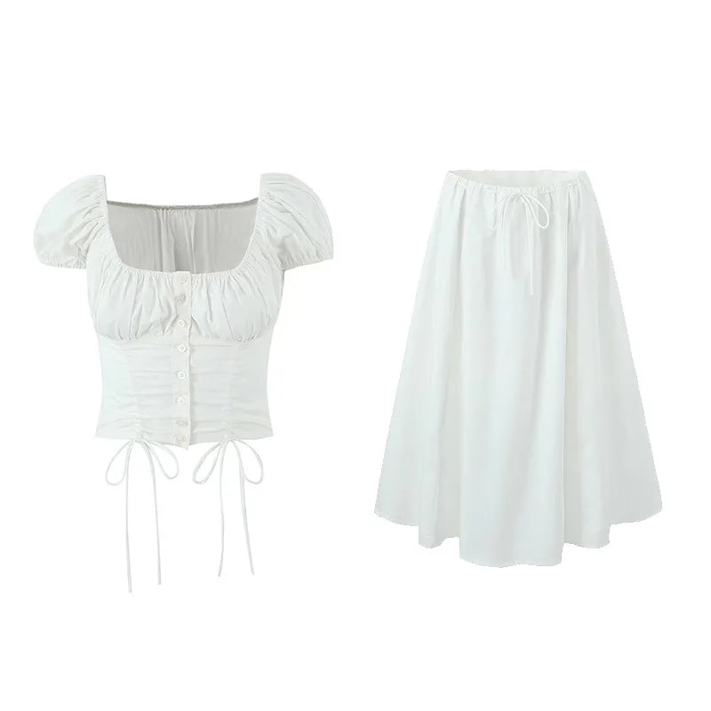 White Cropped Corset Tops Cotton Sexy Short Puff Sleeve T-Shirts Blouse Womens Clothing 2023 Drawstring Tees