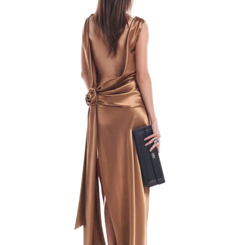 Load image into Gallery viewer, Satin Backless Sexy Maxi Dress For Women Elegant Rose Thigh High Split Beach Holiday Long Dress Gorgeous Club Gown
