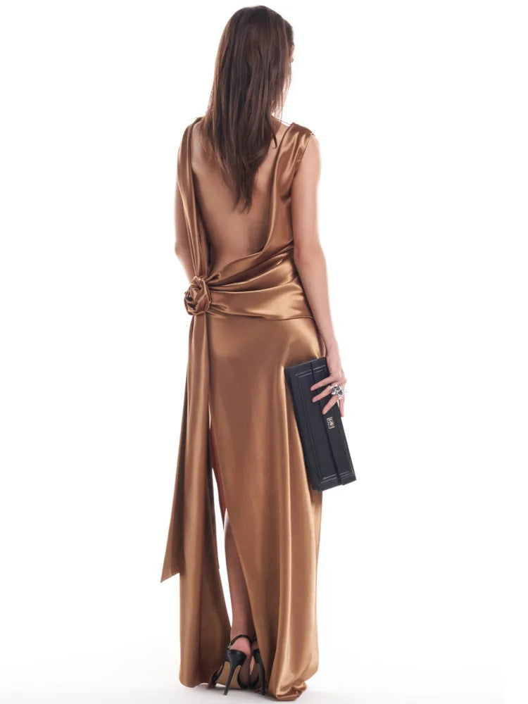 Satin Backless Sexy Maxi Dress For Women Elegant Rose Thigh High Split Beach Holiday Long Dress Gorgeous Club Gown