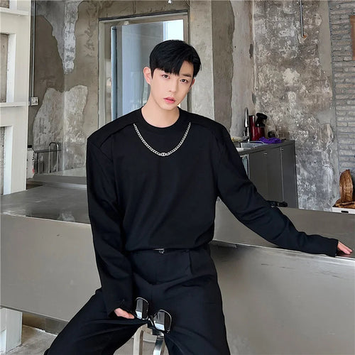 Load image into Gallery viewer, Men&#39;s T-Shirts Korean Fashion Casual Detachable Chain Male Pullovers Personalized Solid Color Spring Trendy 9A7737
