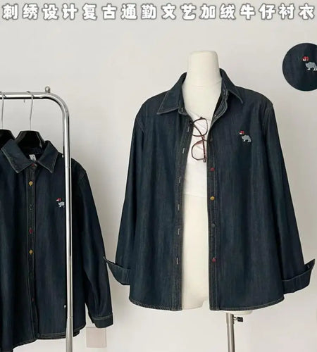 Korean Fashion Blue Velvet Embroidered Puppy Denim Shirt Women Long Sleeve Blouses Vintage Single Breasted Tops Autumn Winter