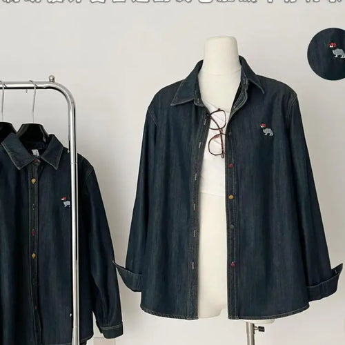 Load image into Gallery viewer, Korean Fashion Blue Velvet Embroidered Puppy Denim Shirt Women Long Sleeve Blouses Vintage Single Breasted Tops Autumn Winter
