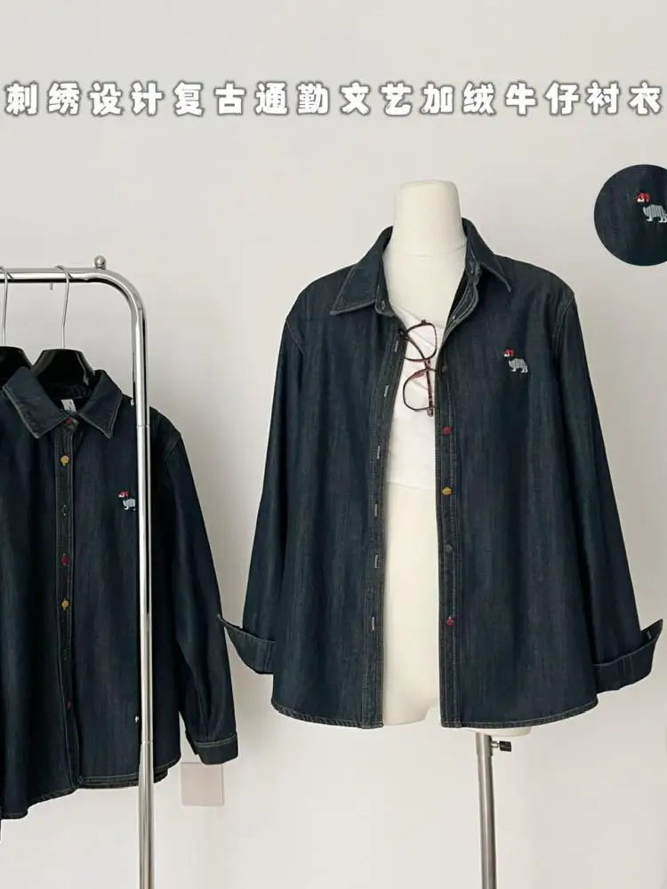 Korean Fashion Blue Velvet Embroidered Puppy Denim Shirt Women Long Sleeve Blouses Vintage Single Breasted Tops Autumn Winter
