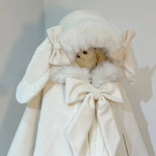 Load image into Gallery viewer, Y2k Aesthetic Cloak Jacket Women Japanese Lolita Fur Patchwork Rabbir Ear Hooed Coat Kawaii Sweet Bow Jackets Oversized JK Capes
