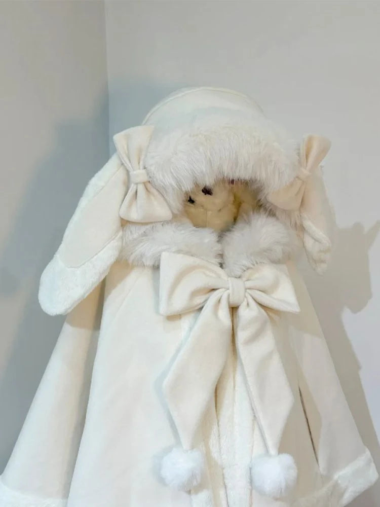 Y2k Aesthetic Cloak Jacket Women Japanese Lolita Fur Patchwork Rabbir Ear Hooed Coat Kawaii Sweet Bow Jackets Oversized JK Capes