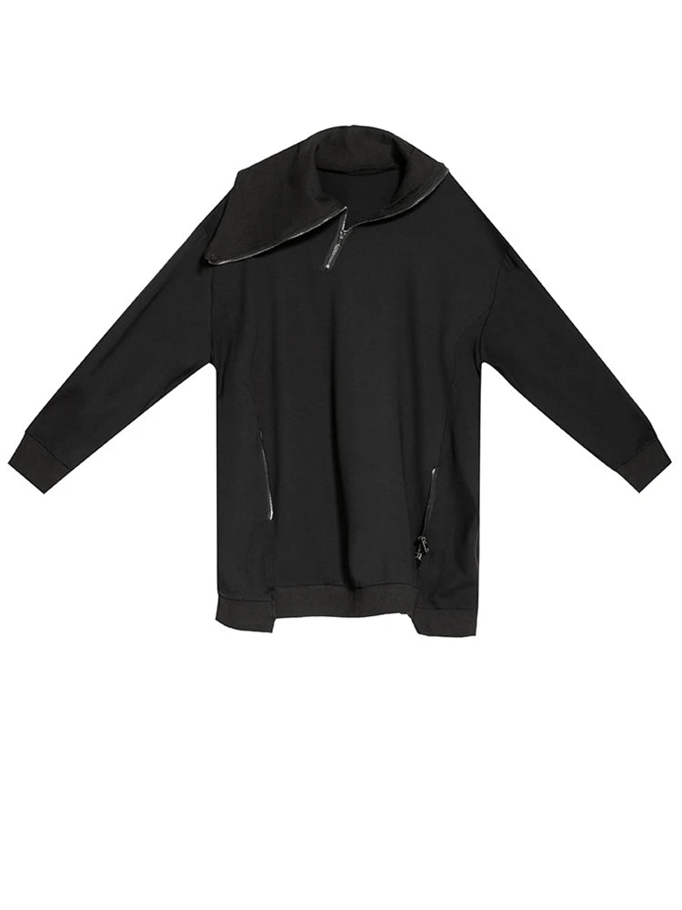 Loose Fit Black Zipper Irregular Sweatshirt New Turtleneck Long Sleeve Women Big Size Fashion Spring Autumn 2025 1DH0576