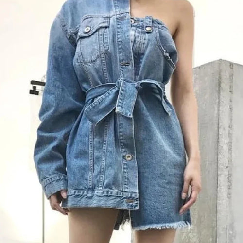 Load image into Gallery viewer, Asymmetrical Patchwork Lace Up Denim Mini Dress For Women Lapel One Shoulder Sleeve Design Casual A Line Dresses Female New
