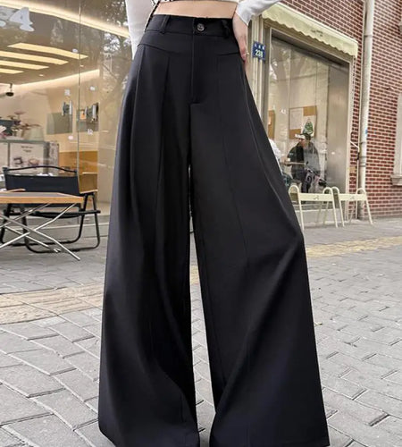 Korean Fashion Women Black Beige High Waist Wide Leg Trousers Spring Summer Grey Loose Pleated Long Pants Streetwear Simplicity