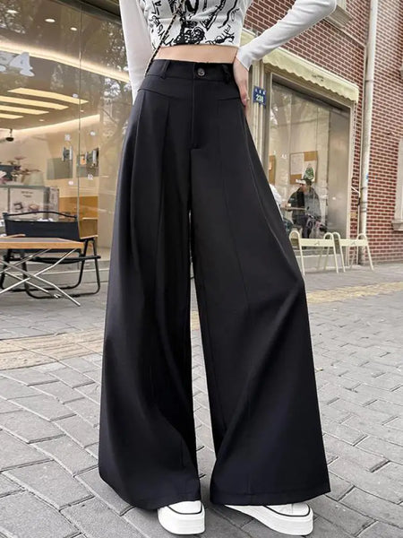 Korean Fashion Women Black Beige High Waist Wide Leg Trousers Spring Summer Grey Loose Pleated Long Pants Streetwear Simplicity