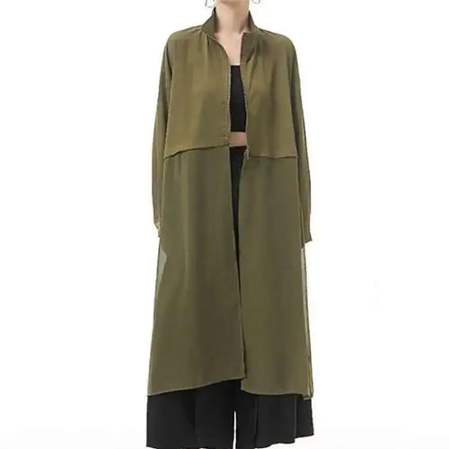 Load image into Gallery viewer, Women Army Green Big Size Mesh Long Trench New Stand Collar Long Sleeve Windbreaker Fashion Spring Autumn 2025 1DH4273
