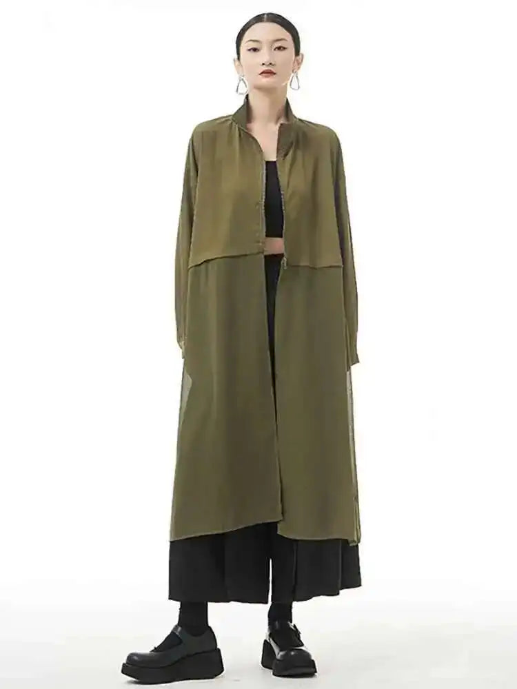 Women Army Green Big Size Mesh Long Trench New Stand Collar Long Sleeve Windbreaker Fashion Spring Autumn 2025 1DH4273